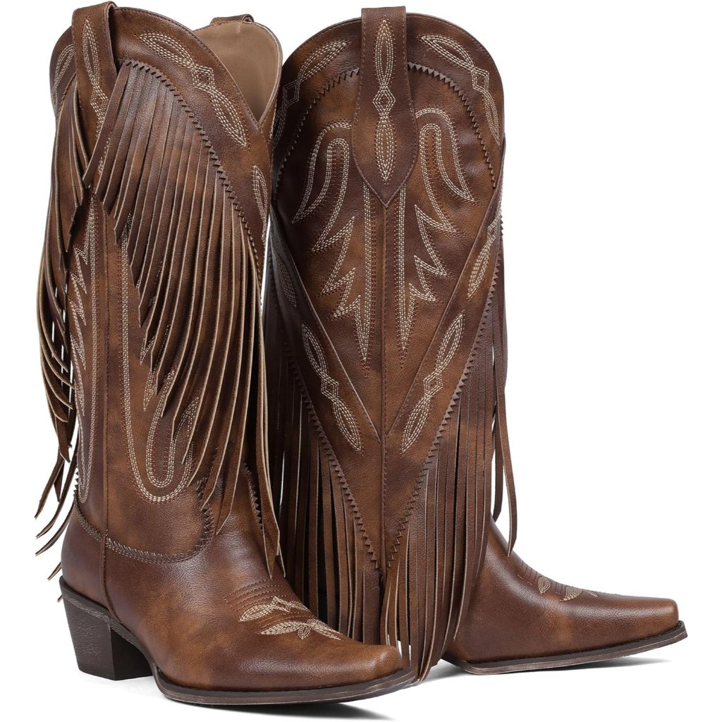 Women's Brown Fringe Knee High Cowgirl Western Boots With Classic Embroidery